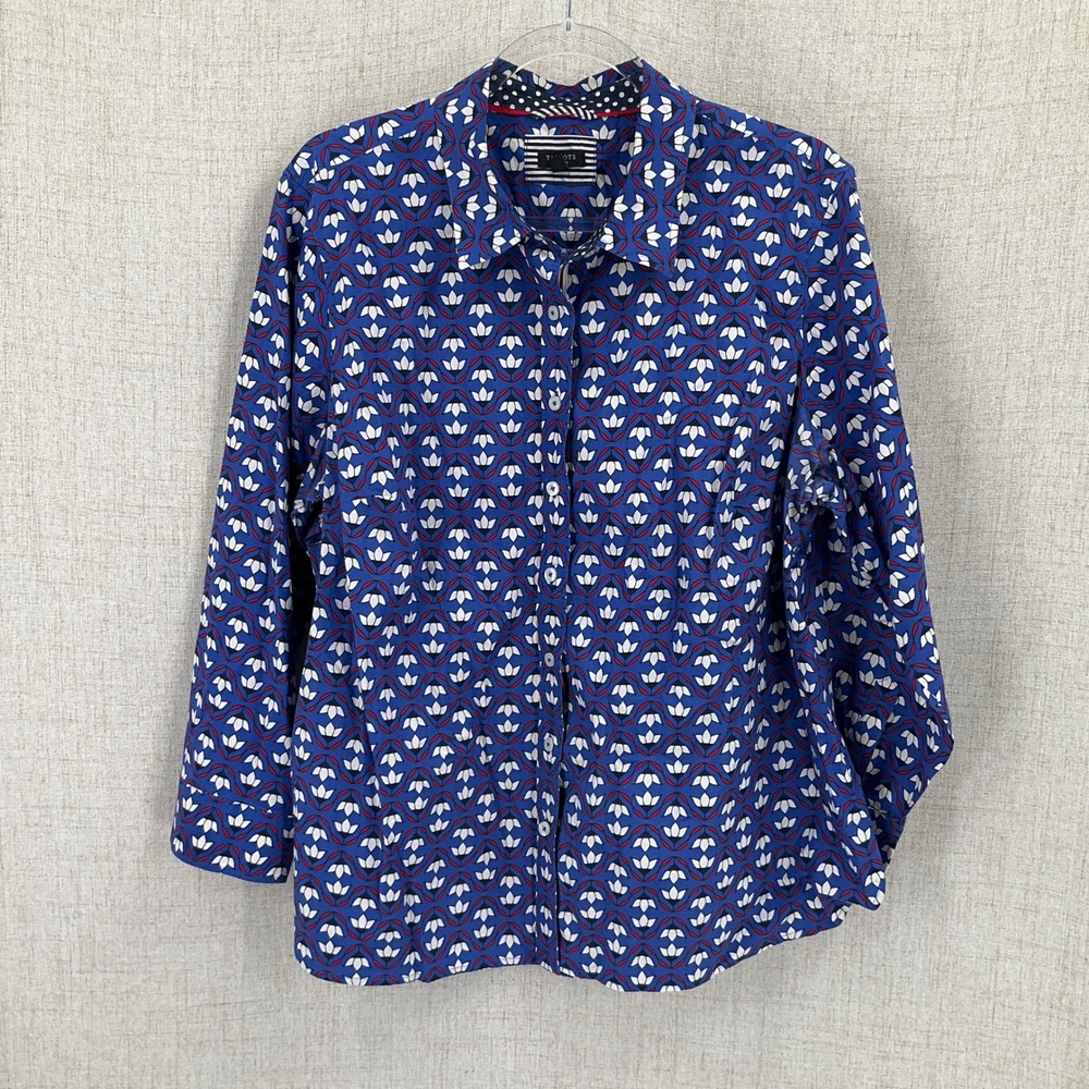 Talbots Button Down Shirt Womens 2XP Blue Cotton Geometric Floral Classic Preppy